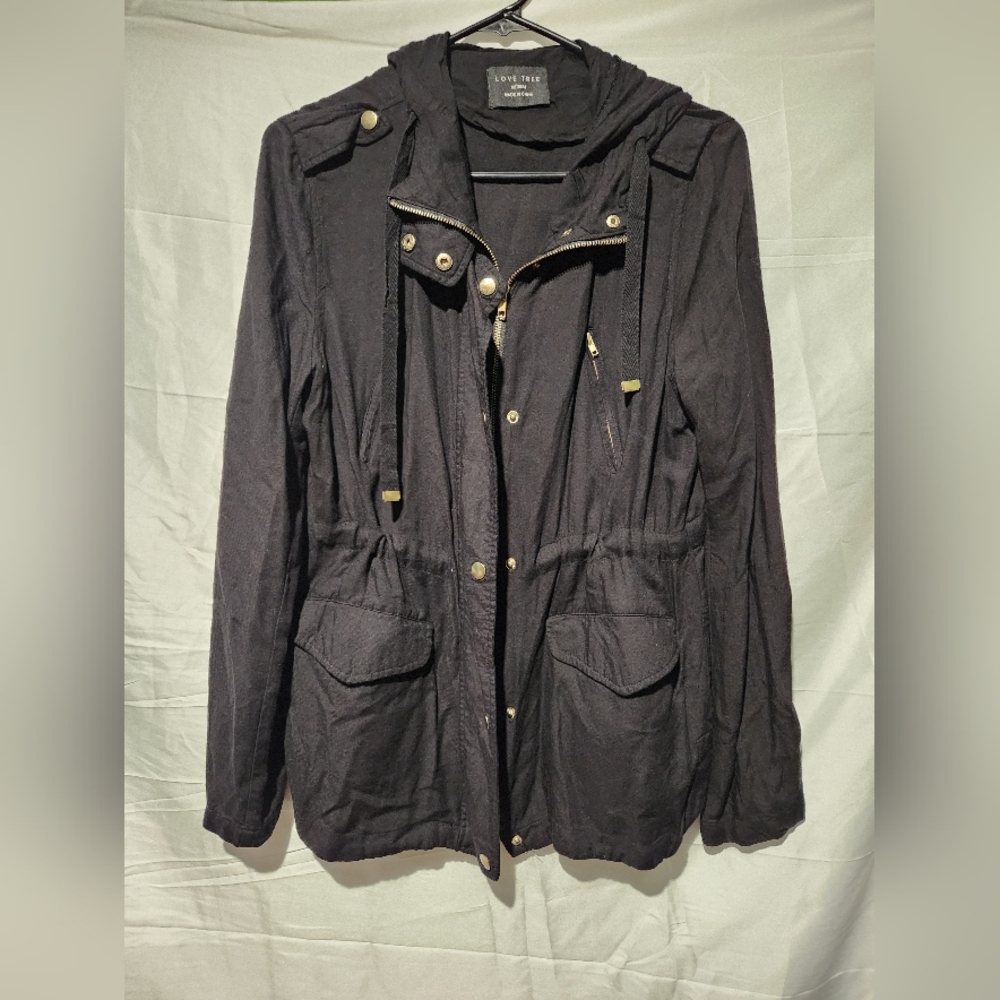Love Tree Black Lightweight Hooded Jacket with Gold Hardware.